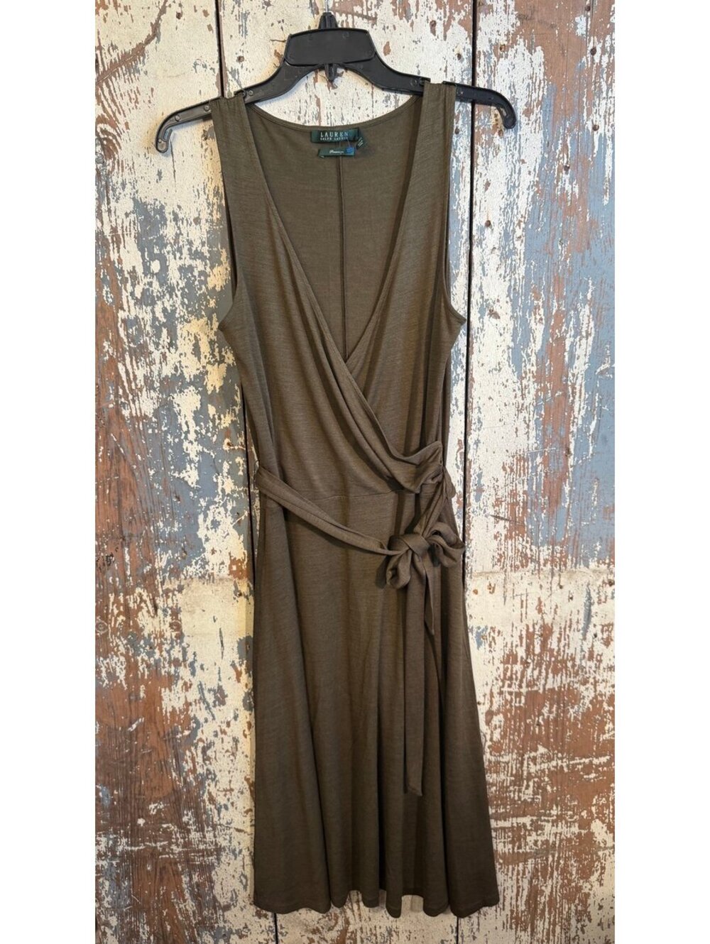 Lauren Ralph Lauren Olive Green Sleeveless Silk Dress with Belt, size Medium